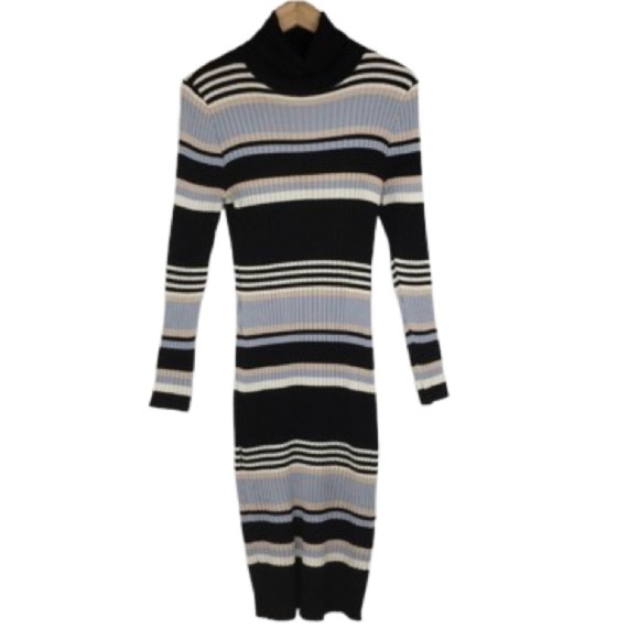 Y2K Ribbed Turtleneck Sweater Dress Women’s Size XL Black Blue Tan Almost Famous - Picture 2 of 11